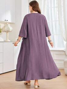 SHEIN Najma 女式宽松圆领 3/4 袖加大码口袋仿亚麻舒适休闲日常加大码阿拉伯连衣裙