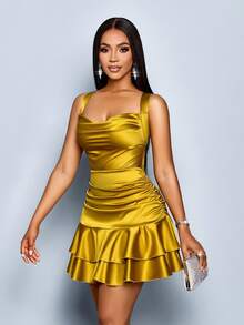 SOLERSUN Women's Mustard Yellow Summer Elegant Party Night Backless Hanging Collar Gathering Double Ruffle Hem Mini Dress For Wedding Bachelor Party - Mustard Yellow - View 5