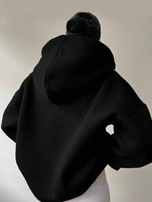 少女休闲日常百搭舒适字母贴布宽松长袖针织卫衣，适合上学、花园、海滩、生日、春、夏、秋、冬等各种场合。 - 黑色 - 查看 7