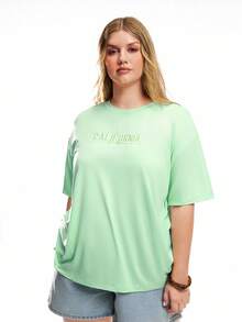 Solavibe Plus Letter Embroidery Drop Shoulder Tee - Green - View 3
