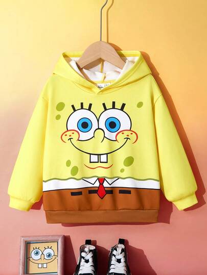 SpongeBob SquarePants | SHEIN Young Boy Cute Cartoon Pattern Casual Loose Fit Long Sleeve Yellow Hoodie Kids Character Clothes