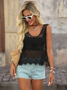 Brillora Woman's Water-Soluble Embroidery Knitted Vacation Blouse - Black - View 6