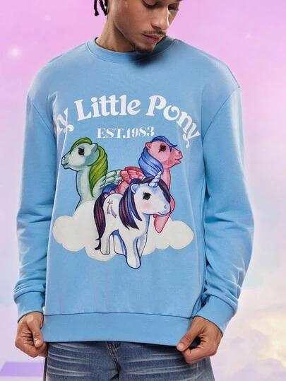 My Little Pony X SHEIN Men's Casual Cartoon Unicorn & Letter Graphic Drop Shoulder Loose Pullover Sweatshirt, Spring/Autumn Baby Blue Hoodies Men Mens Blue Sweatshirt