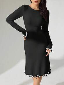Modelyn Gaun Bodycon Lengan Panjang Rajut Bergaris Seksi Musim Gugur/Dingin Gaun Hitam Gaun Lengan Panjang Hitam Gaun Bergaris Gaun Elastis Tinggi Gaun Ramping - Hitam - View 3