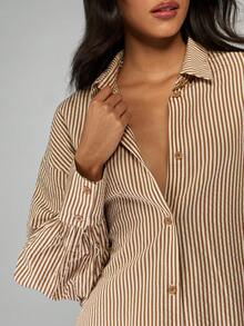 MISSGUIDED 棉质条纹纽扣衬衫裙，长泡泡袖，翻领迷你束腰外衣，秋冬办公室时尚过渡装 - 彩色 - 查看 4