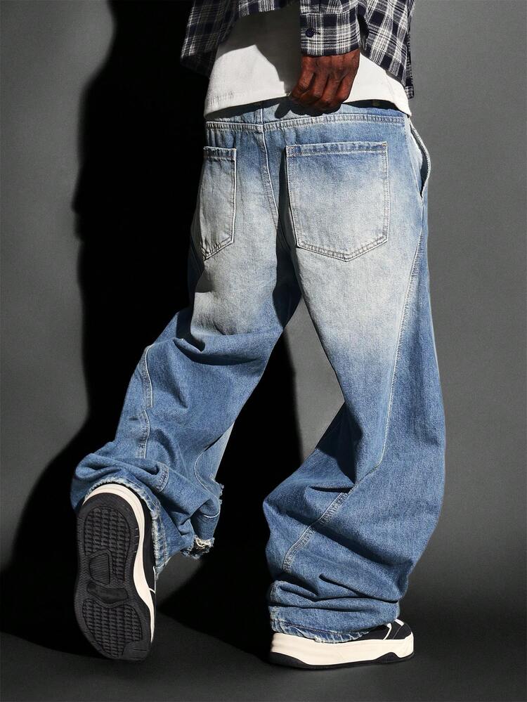 Wide Leg Distressed Denim Jeans With Ripped Details