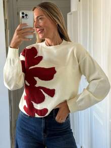 Vivie Lora Women's Floral Patchwork Colorblock Loose Knit Sweater Fall/Winter - Beige - View 6