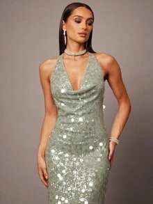 Silquee Đầm bodycon hở lưng đính sequin cổ khoét sâu dành cho nữ - Màu xanh Bạc hà - Xem 6