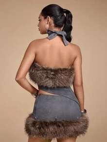 ROMWE Grunge Punk Women's Y2K Suede Patchwork Faux Fur Collar Vintage Distressed Top - Dark Grey - View 5