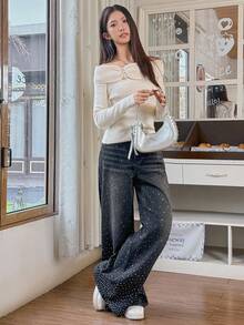 Rivivi Women's Polka Dot Print Pocket Wide Leg Loose Low Waist Casual Jeans