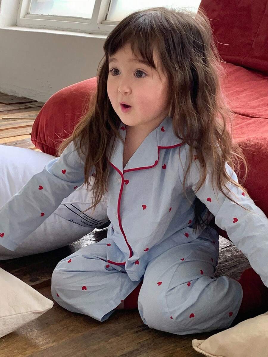 DAZY 2 件套女婴休闲心形圆点印花翻领长袖衬衫和宽松长裤睡衣套装