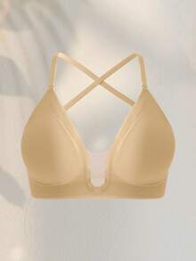 DesireSculpt 1 件装休闲简约纯色深 V 领细肩带露背女士文胸 - 杏色 - 查看 5