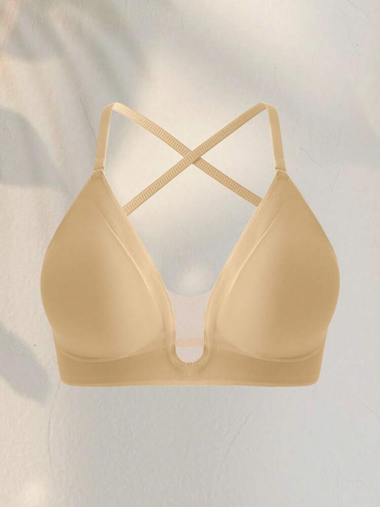 DesireSculpt 1 pieza Sujetador de mujer de unicolor minimalista y casual con escote en V profundo, tirantes finos y espalda descubierta - Albaricoque - Añade 5