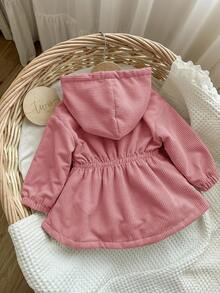 Áo khoác nỉ nhung kẻ có mũ trùm đầu dễ thương cho bé gái, Thu/Đông - Hồng - Xem 2