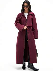 GENKIRA Áo gió dài cài nút phía trước màu đỏ, thiết kế ve áo dài, thắt lưng trang trí nơ, có thể điều chỉnh, nguyên chiếc sắc nét và thời trang, dễ phối đồ - Đỏ - Xem 3