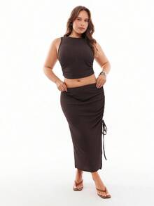 SHEIN EZwear Plus Size Women Summer Casual Solid Color Ruffle Slim Cropped Tank Top And Drawstring Ruffle High Slit Skirt 2 Pieces SetSummer Outfits For Women Brown Two Piece Set - Coffee Brown - View 3
