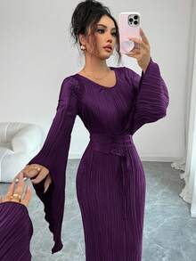 Elenzga 女式纯色圆领喇叭袖腰带设计褶皱修身优雅连衣裙 - Bold Plum - 查看 7