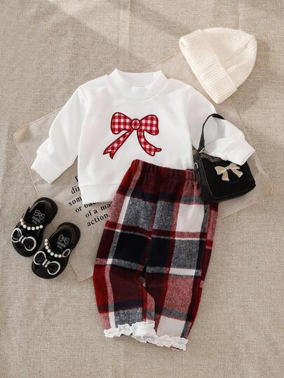 SHEIN 婴儿蝴蝶结装饰上衣和格子裤套装