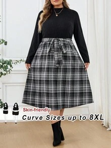 SHEIN CURVE+ Plus Size Women's Elegant Patchwork Plaid Hem Long Sleeve Dress, Suitable For Office Wear, Winter,Fall Clothes For Women/Autumn /Winter