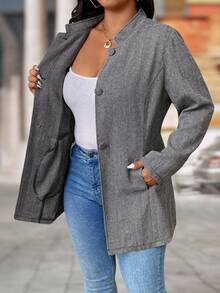 EMERY ROSE Women's Plus Size Casual Stand Collar Mid-Length Herringbone Jacket Winter Fall Autumn - Multicolor - View 7