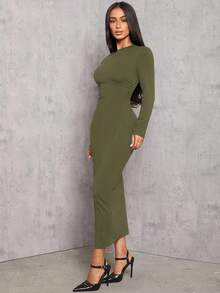 SHEIN PETITE Solid Color Pleated Waist Black Long Sleeve Dress ,Petite Women - Army Green - View 3