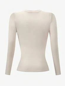 INAWLY Women's Khaki Long Sleeve Fitted Crew Neck T-Shirt