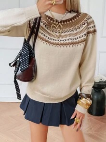 DAZY Áo len họa tiết hoa phối màu đơn giản dành cho nữ, mùa thu, năm mới, giáng sinh - Màu be - Xem 7