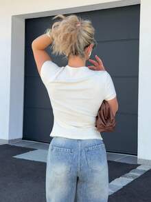 Jeta Ari Ribbed Crew Neck Button Through Short Sleeve T-Shirt Spring Summer Cute Everyday Airport Holiday Fall Back To School Autumn Winter - Beige - View 2