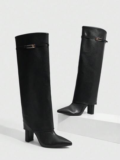 CUCCOO SZL Botas de mujer de cuero sintético negro con puntera puntiaguda, tacón grueso, hebilla decorativa, minimalistas, cómodas para uso diario, fiesta y banquete, con cremallera lateral