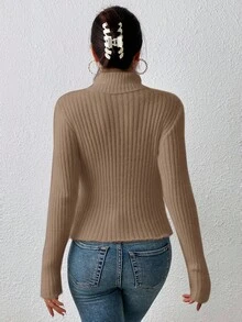 SHEIN Frenchy 高领罗纹针织紧身毛衣 - 卡其色 - 查看 2