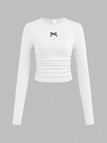 SHEIN Girlism 3件套 少女修身休闲纯色圆领褶皱长袖T恤 女童紧身上衣 3件装 长袖上衣 少女青少年长袖露脐上衣 秋冬 - 彩色 - 查看 5