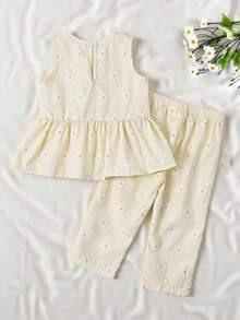 SHEIN Vintaside Kids 女婴两件套，蓝白条纹花卉印花无袖上衣搭配同色裤子，清新乡村风，适合海滩度假、公园郊游、日常穿着 - 杏色 - 查看 2