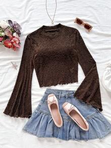 Soleia 女士休闲度假西部海滩婚礼宾客着装返校毕业早午餐，优雅波西米亚热带钩编纹理荷叶边领喇叭袖T恤，适合圣帕特里克节、春假、复活节、音乐节等场合，棕色上衣，秋季 - 咖啡棕 - 查看 3