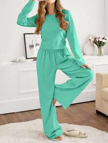 SHEIN Cottnline Women 2pcs Rib Knit With Round Neck Long Sleeve Top&Pants Homewear Comfort Lounge Set - Mint Green - View 4