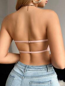 Snug Zone 1pc Casual Minimalist Solid Color Deep V-Neck Thin Strap Backless Women Bra - Pink - View 6