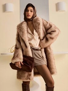 Lyxana 女士仿毛领长袖优雅夹克 - 卡其色 - 查看 1