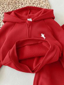 男婴休闲可爱百搭蓝色针织连帽衫和松紧腰裤套装 - 紅色 - 查看 5