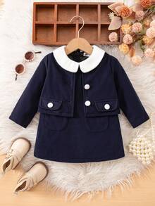 SHEIN Baby Girls Collared Sleeveless Dress & Jacket Co-Ord Set Toddler Girl Navy Dress Baby Girl School Outfit Toddler Girl Skirt Set Toddler Uniform Set Toddler Girl Clothes - Navy Blue - View 9