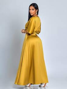 SOLERSUN Women's Mustard Yellow Summer Elegant Party Night Satin Long Dress,Old Money Minimalist V Neck Glossy Banquet Gala Prom Outing Clothing For Ladies - Mustard Yellow - View 2