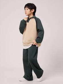 2 件儿童/青少年男童休闲日常百搭舒适 Polo 领半拉链撞色袖套头衫和宽松针织裤套装 - 彩色 - 查看 6