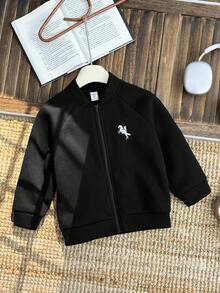 SHEIN 男童休闲图案卫衣、夹克、外套、返校服、可爱上衣、基本款上衣，适合秋冬季上学、度假、旅行、运动 - 黑色 - 查看 7