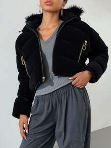 CasuGlow Zipper Detailed Shiny Winter Long Padded Coat - Black - View 1