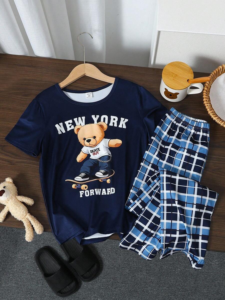 男童海军蓝滑板熊印花短袖上衣和经典格子长裤阻燃睡衣套装 - 彩色 - 查看 1