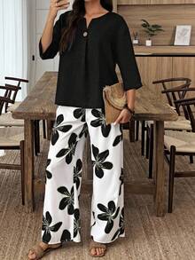 EMERY ROSE 度假休闲纯色衬衫和花卉印花裤 - 彩色 - 查看 4