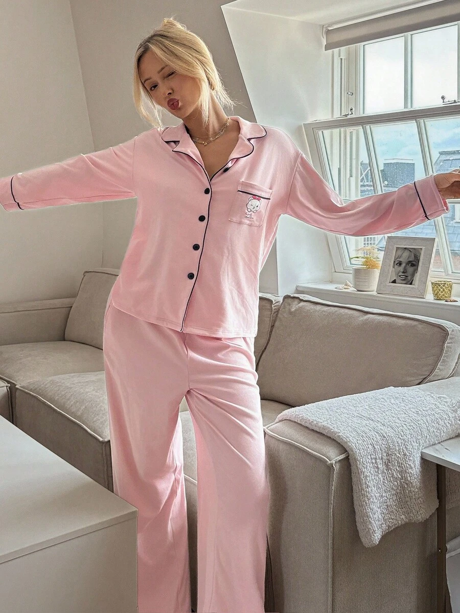 Livesso 2 件套猫咪印花宽松长袖上衣和裤子睡衣套装女士秋冬秋季服装 - 粉色 - 查看 1