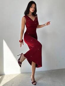 Firerie Váy lụa bóng cổ trễ thanh lịch thường ngày cho nữ màu đỏ tía/Trang phục dự tiệc/Váy dự tiệc cưới/Váy dạ hội/Quần áo mùa thu cho nữ/Váy năm mới cho nữ/Váy dự tiệc/Tiệc hóa trang/Váy lễ hội/Váy năm mới/Váy tốt nghiệp/Váy bóng/Váy đỏ cho nữ/Váy đỏ tía - Màu Hoa hồng đỏ - Xem 7