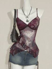 SHEIN ICON 女士度假风腰果印花荷叶边吊带背心，适合7月4日美国独立日，可爱夏季外出上衣，Y2K复古风背心。 - 彩色 - 查看 5