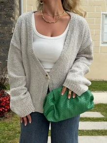 Jeta Ari Cardigan de punto con un botón, estilo Y2K de los 90, informal y lindo, oversize, para aeropuerto, vacaciones, otoño, vuelta al colegio, otoño, invierno y uso diario - Gris Claro - Ver 3