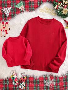 Sparklyn Áo len cổ tròn màu đỏ cho bé gái, dáng regular fit, tay dài, thích hợp mặc ở nhà và ngoài trời, mùa thu/đông, Giáng sinh, áo len gia đình, áo len bố và con gái, áo len in hình ông già Noel, áo len Giáng sinh, áo len dệt kim. - Đỏ - Xem 6