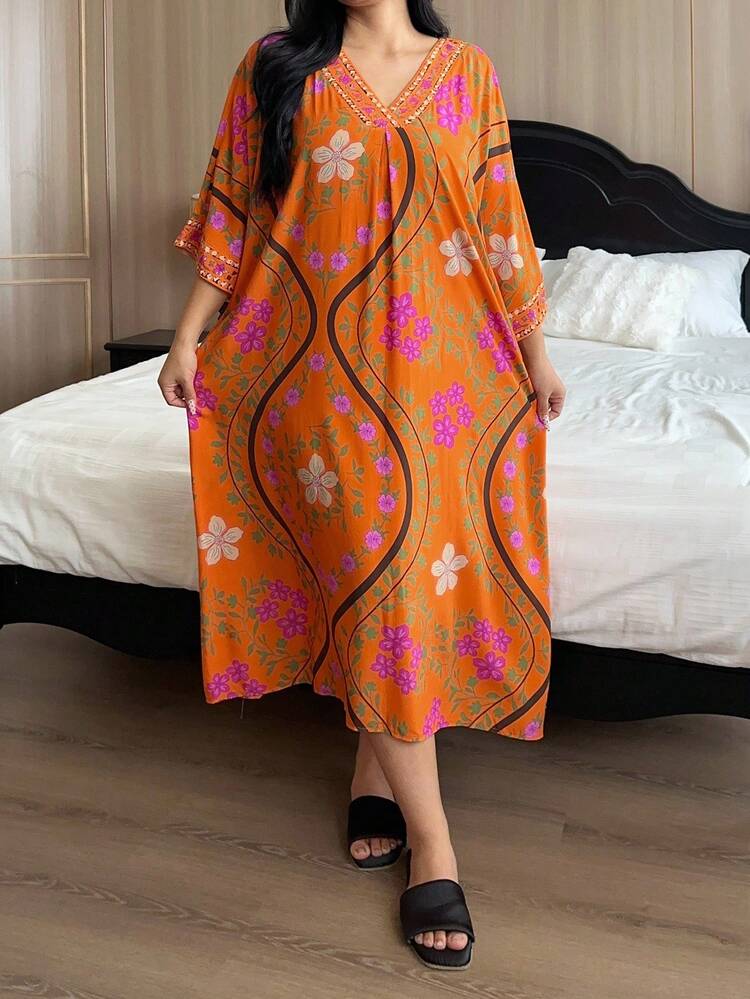 Dazy Plus Plus Size Women's Floral Print V-Neck Loose Batwing Sleeve Early Autumn Nightgown, Moo Moo Night Dress